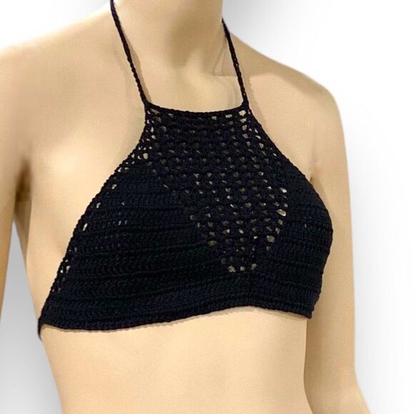 Black Crochet Halter Crop Top Adjustable Straps NEW - Picture 1 of 4